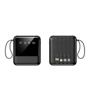 10000mah powerbank i sort med indbyggede kabler