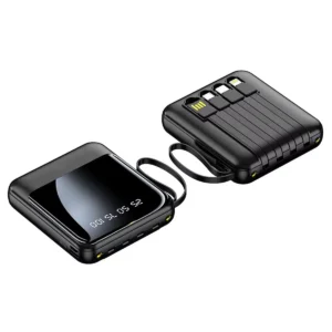 10000mah-powerbank i sort med indbyggee kabler