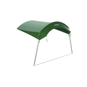 Husky Caravan Shelter set fra siden. Kurvet grøn overdækning til Caravan 17 camping canopy/solskygge